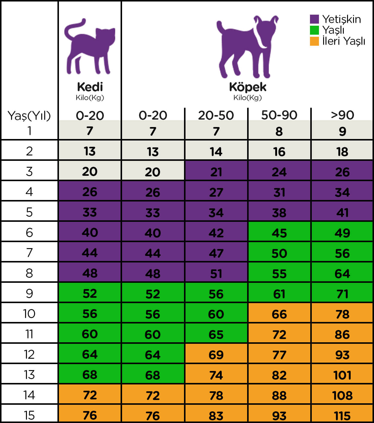 kedi ve köpek yaş hesaplama tablosu